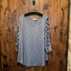 Terra & Sky Heather Blue Long Sleeve Top with Lace-Up Detail